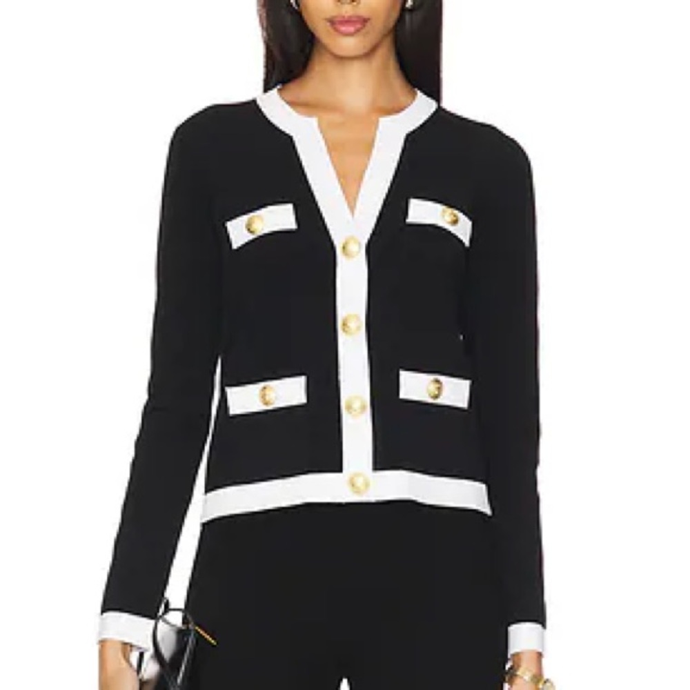 L'AGENCE Estefania Cardigan Lady Jacket Top Black White Gold Buttons